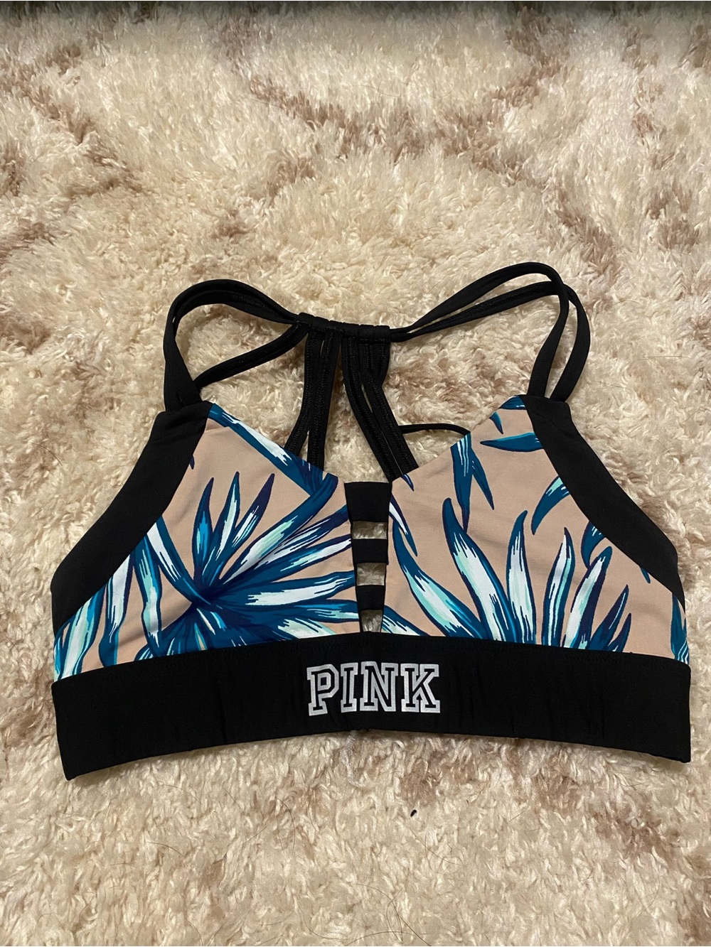PINK Victoria's Secret Blue Floral Strappy Sports Bra with Black Trim
